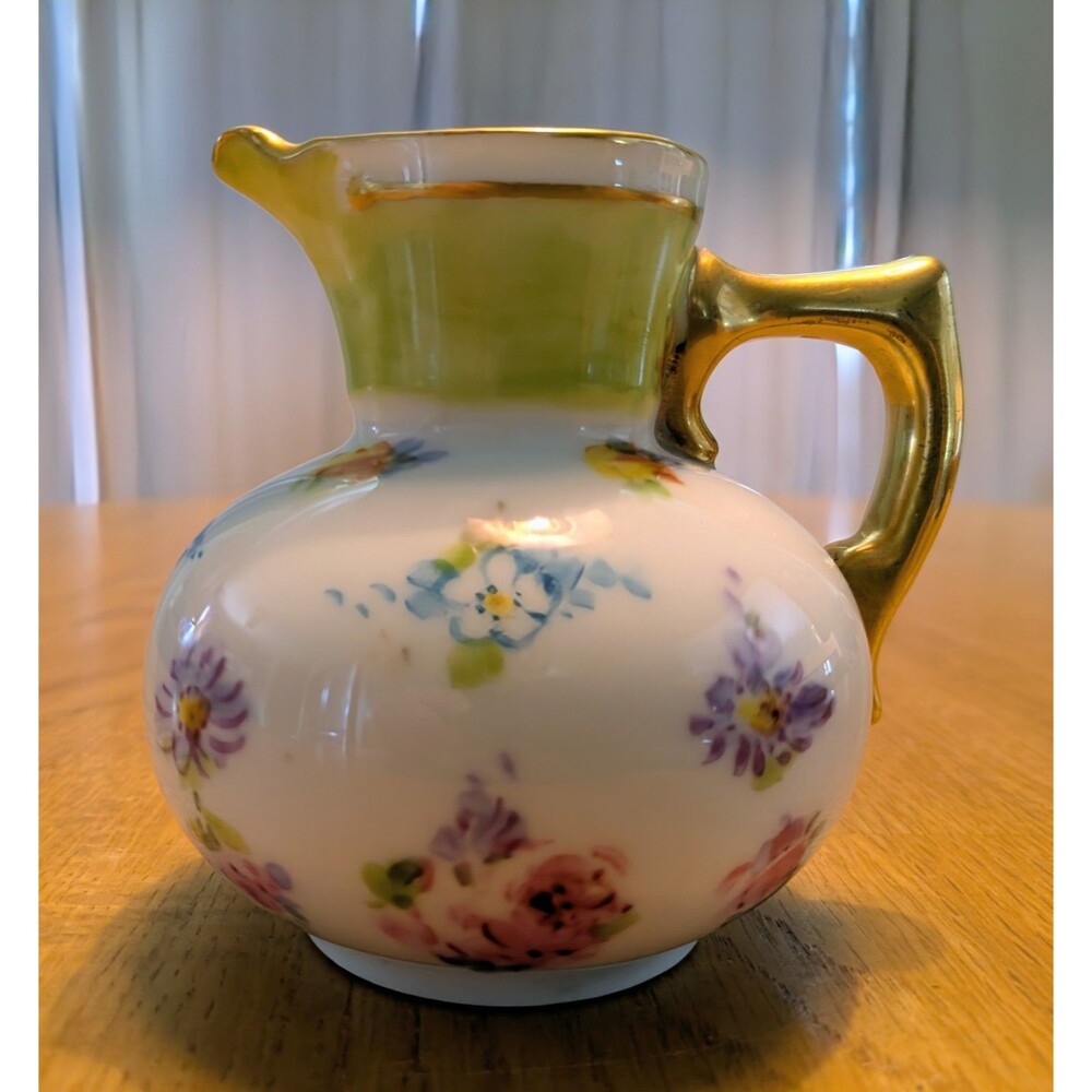 Vintage Hand Painted Porcelain Creamer Pitcher Gold Trim 3.25" Tall  Cottagecore